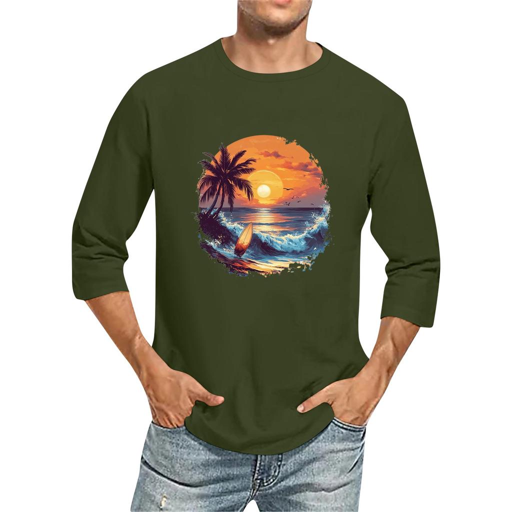 Camiseta de manga tres cuartos con cuello redondo y color liso para hombre