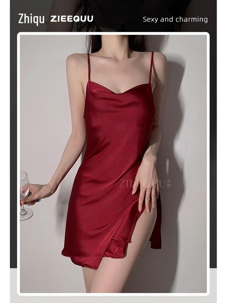 Ziqu Sexy Satin Deep V Slit Backless Nightdress for Women