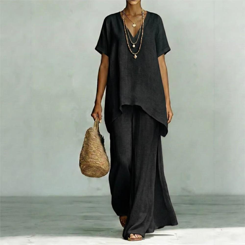 Fashion Loose Cotton Linen Short-sleeved Trousers 2 Piece Set Women Summer Casual V-neck Retro Female Wide-leg Trousers Suit