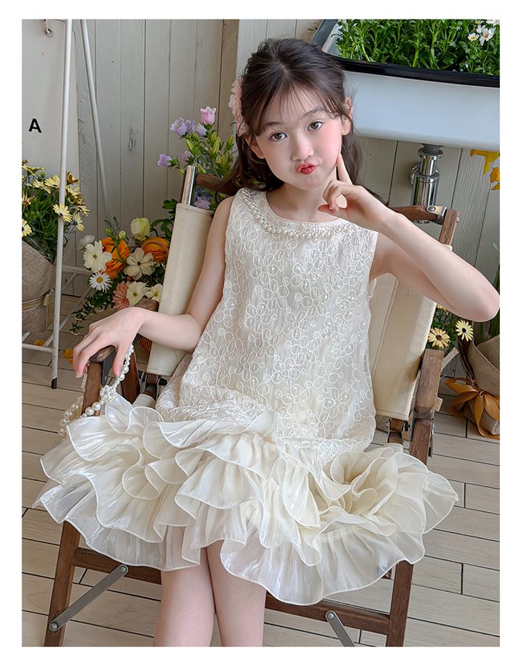 Princess style sleeveless dress 2026 new girls' summer cake skirt with ruffled edges and thin lace stitching