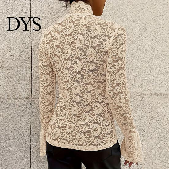 Camicie da Donna Casual Top Collo Alto Manica Lunga Svasata Vestibilità Aderente Camicia Colore Unico Trasparente Ricamo Intrecciato Motivo Floreale Camicette