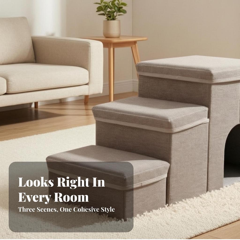 3-Step Pet Stairs Soft Steps with Den Cozy for Sofa, Living Room, Small Dogs