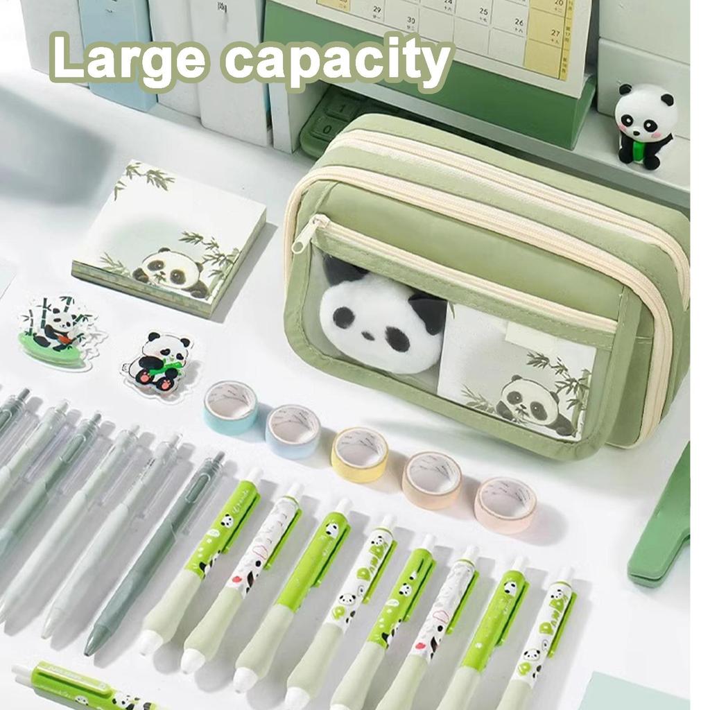 Cute Pencil Case Large Capacity Pencil Bag Panda  Cartoon Stationery Holder Bag With Brooches Stickers Clips Keychains  Pen Case