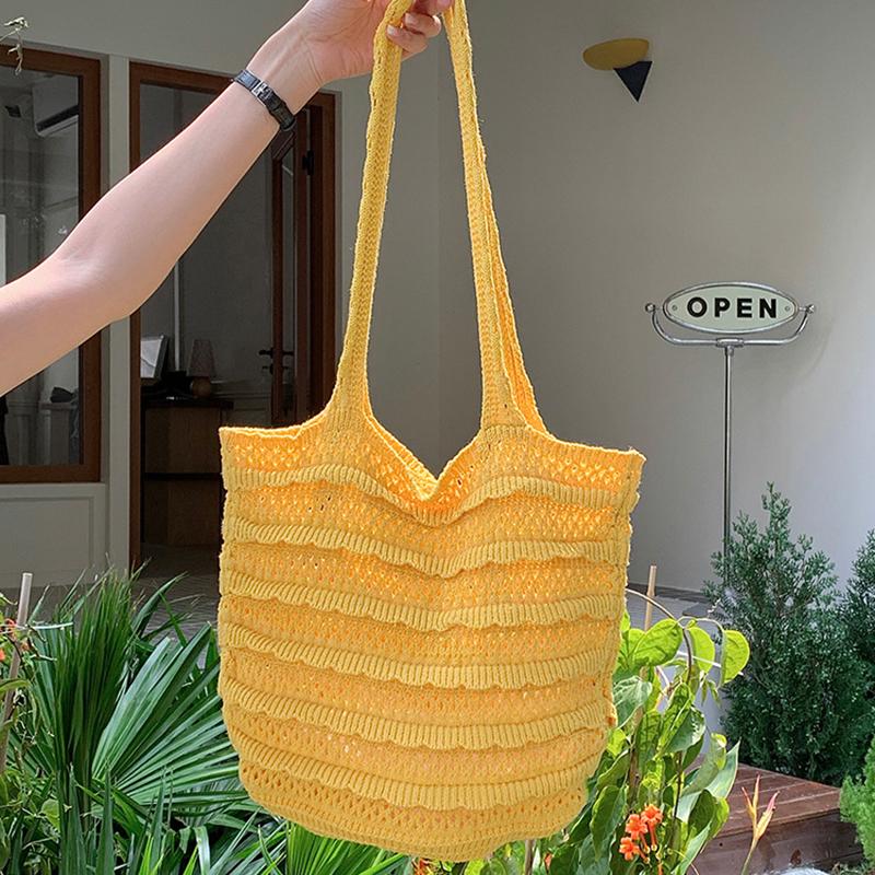 Sac fourre-tout en tricot grande capacité couleur unie pour femme, sac à main d'été pour les vacances à la mer, sac à bandoulière au crochet pour dames