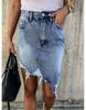 Womens Irregular Skirt High Waist A-line Ripped Edge Hip-wrapped Denim Skirt