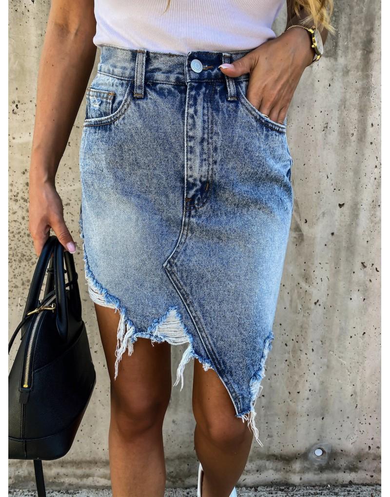 Womens Irregular Skirt High Waist A-line Ripped Edge Hip-wrapped Denim Skirt