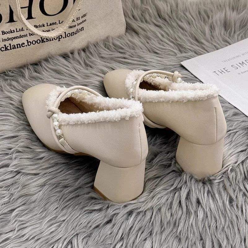 Fairy style Mary Jane shoes winter velvet 2025 new Internet celebrity high heels women's thick heel fluffy single shoes with skirt