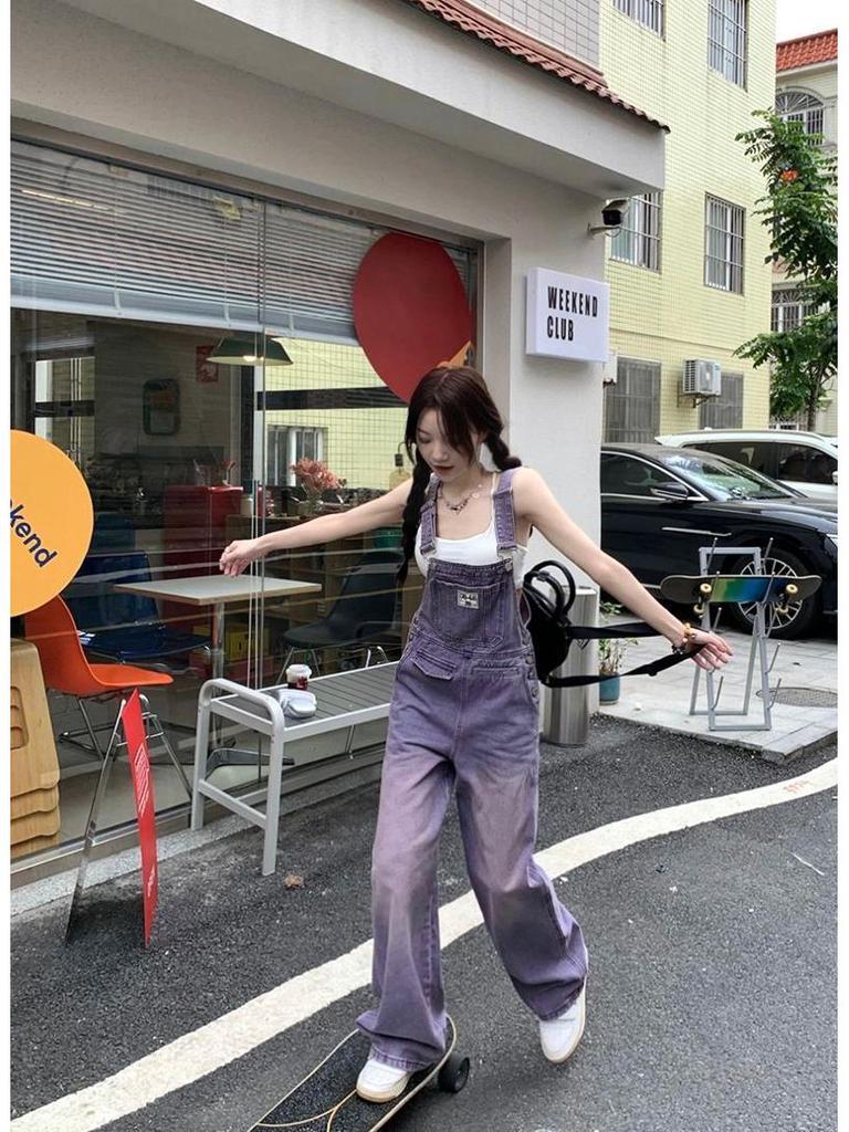 Women's Retro Purple High-Waist Denim Overalls - Slimming, Loose, Wide-Leg Jumpsuit for Spring & Summer