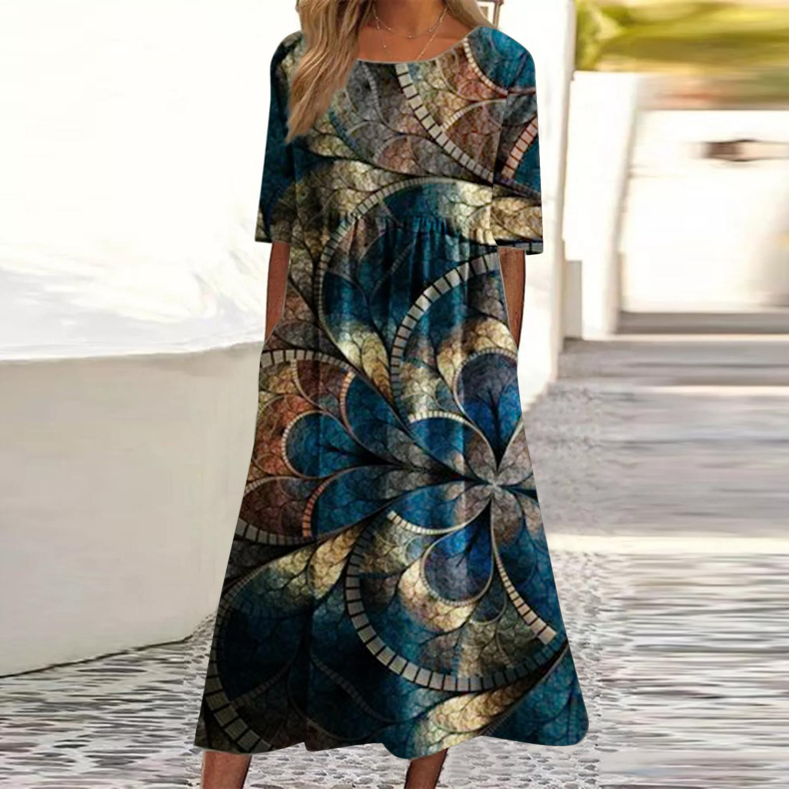 

Женская мода повседневное пуловер с круглым вырезом и принтом с коротким рукавом свободное платье XXL тёмно-синий