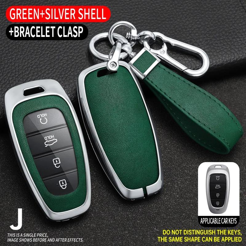 Zinc Alloy + Leather Car Key Case Cover for Hyundai Solaris Sonata Hybrid NEXO NX4 New Grand Santa Fe Tucson 2020 2021 2022 2023