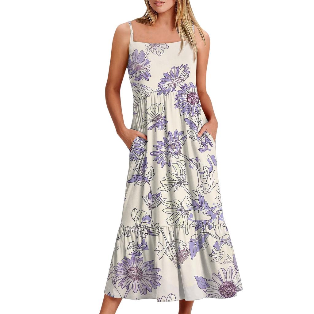 Women's Long Beach Casual Elegant Spaghetti Strap Maxi Dress Floral Low-key Flowing Bohemian Dress