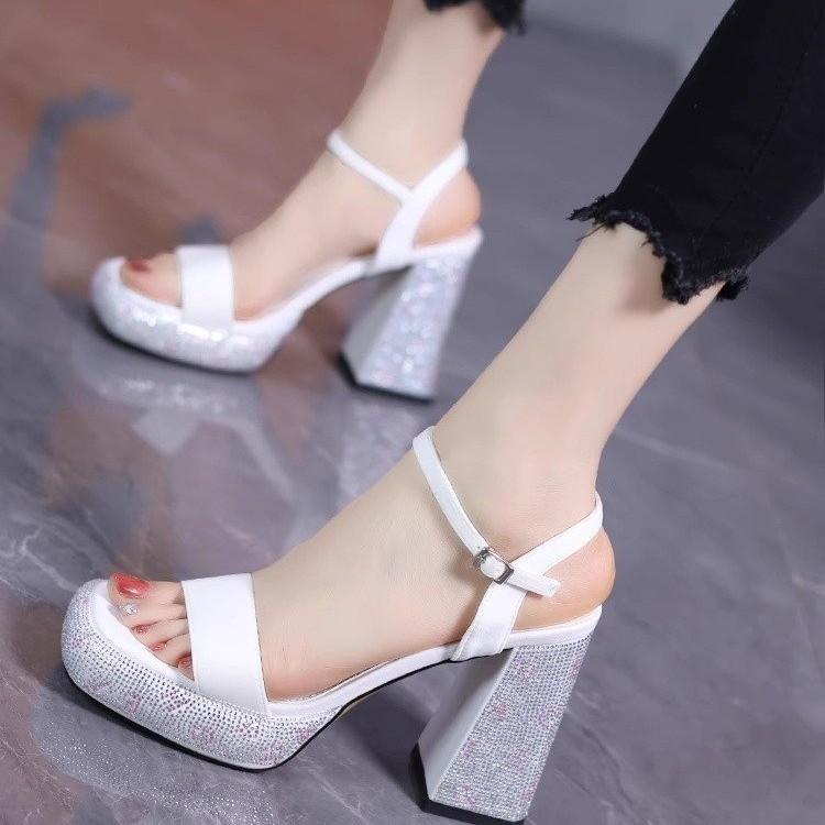 

Fashion Women s Sandals Fashion Rhinestone High Heels Sandals Summer Square Toe Peep Toe Sandals for Women Crystal Banquet Party Sandal 34