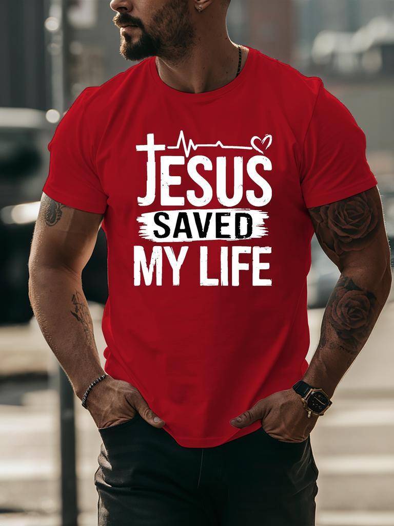 Unisex Cream Tee Jesus Saved My Life Faith Religious Text Graphic Print Crew Neck Short Sleeve Summer Casual Male Cotton Street Top