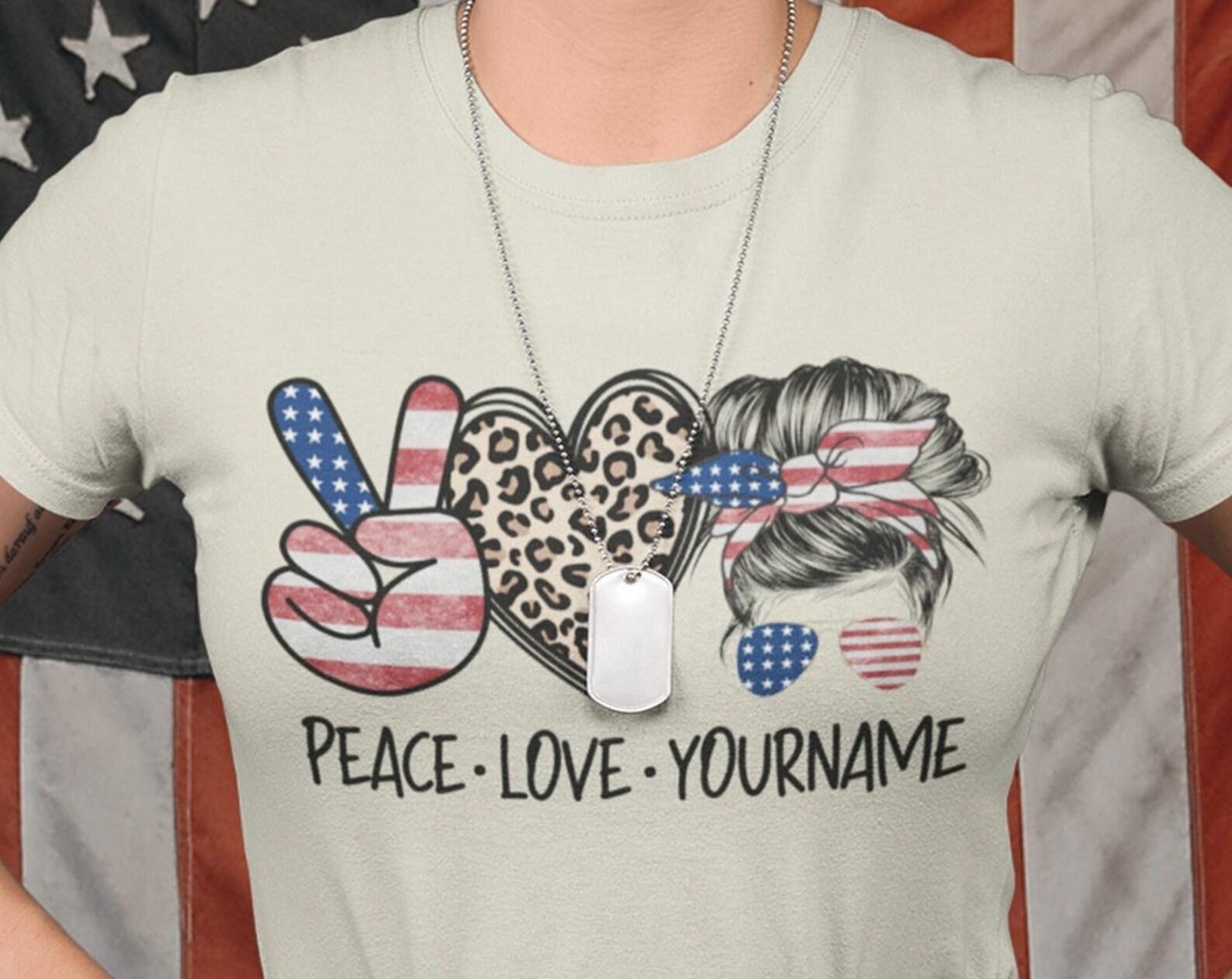 Custom American Name Shirt, Personalized 4th of July Tee, Custom Patriotic T-Shirt, American Shirt, Custom Peace Love Usa Gift, USA Bun tee S