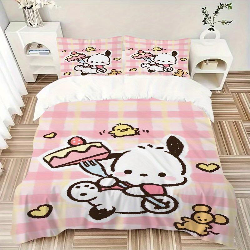 3pcs Pink Grid Cake Pochacco Printed Bedding Set, Soft and Comfortable Quilt Cover for Bedroom, Guest Room (1 Duvet Cover + 2 Pillowcases, P