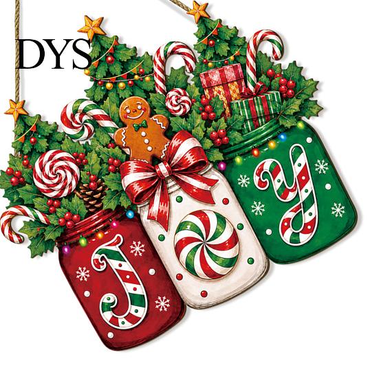 Christmas Party Door Hanger Sign, Gingerbread Candy Wooden Joy Hanging Wreath, Mason Cane Holiday Sign Jar Welcome for Front Door, Wall, Window, Porch