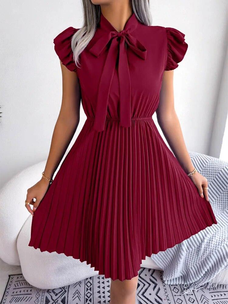 Summer Kawaii Cute 2024 Femme Office Lady Dresses A-line Party Clubwear Half Open Pleated Mini Sundress Bowknot Women Dress H215