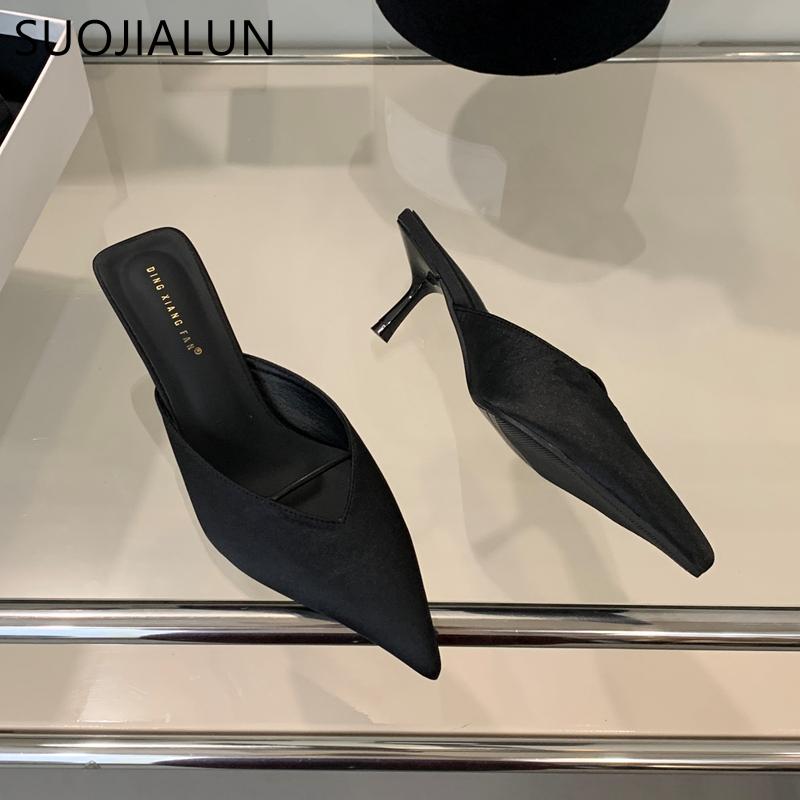 Fashion SUOJIALUN 2025 New Brand Women Slipper Fashion Shallow Slip On Ladies Elegant Mules Shoes Thin High Heel Dress Slides Pumps Shoe