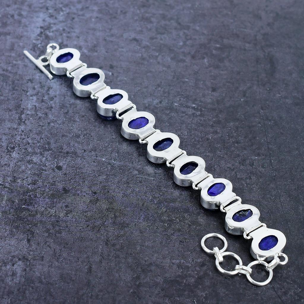Burmise Sapphire(Simulated) Gemstone Handmade 925 Sterling Silver Bracelet 7-8" b7N11