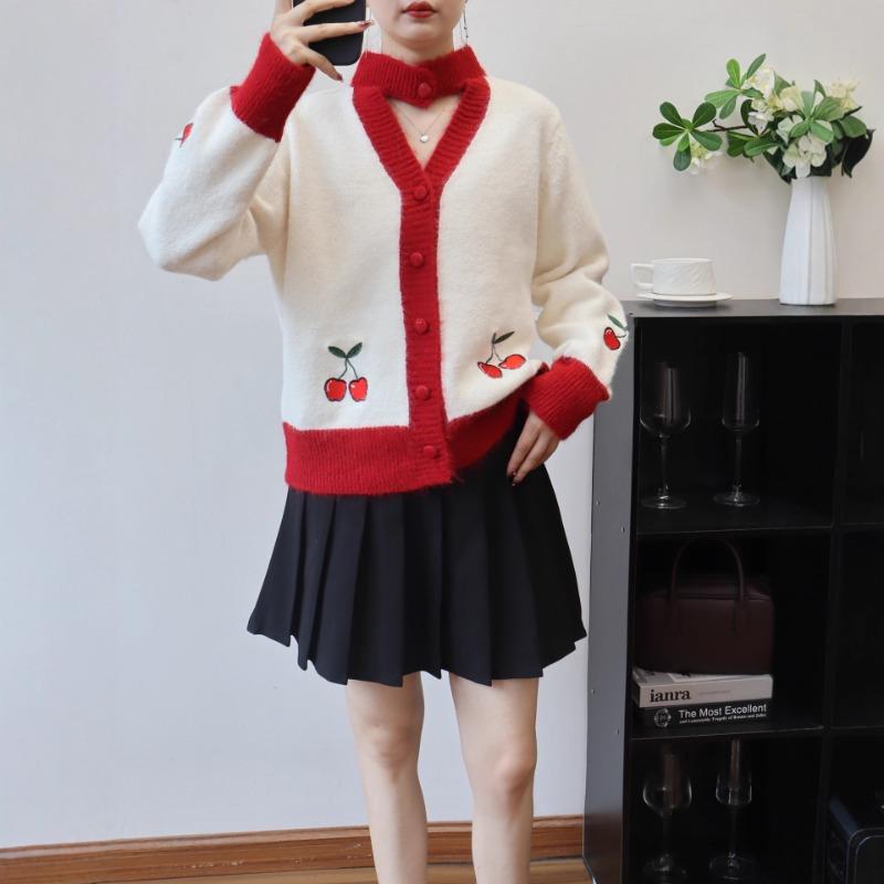 Autumn and Winter New Cherry Contrasting Color Design Sense Knitted Cardigan Sweet Gentle Wind Loose Sweater Jacket Women