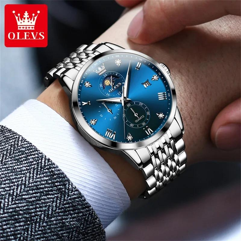 OLEVS Herrenuhren Top-Marke Mode Original Quarzuhr für Mann Wasserdicht Leuchtend Mondphase Datum Chronograph Armbanduhr