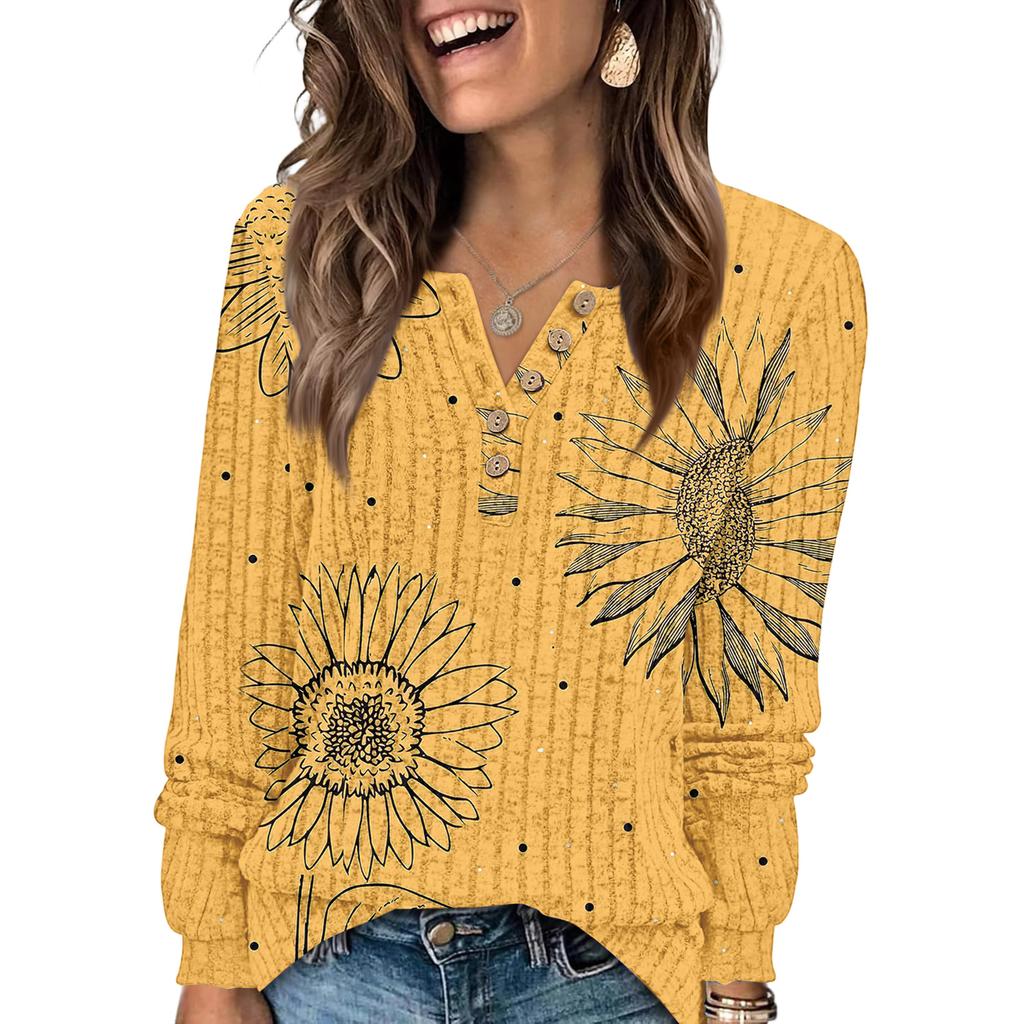 Women's Fashion V-Neck Button-Up T-Shirt With Floral Print Long-Sleeved Top