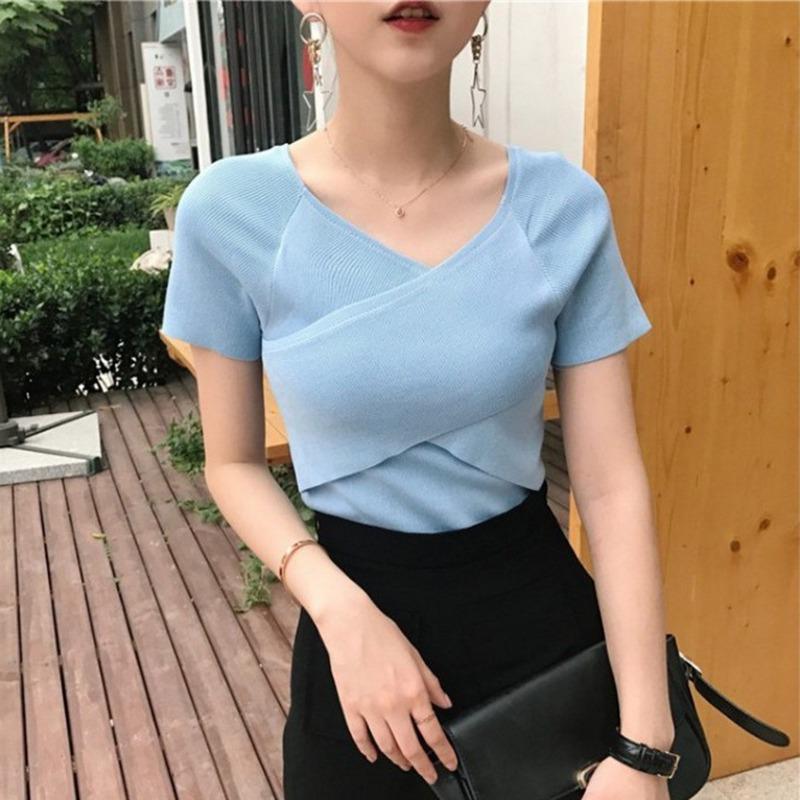 Women Fashion V-Neck Crisscross Tops Front Short Sleeve T-Shirt Sexy Slim Shirts