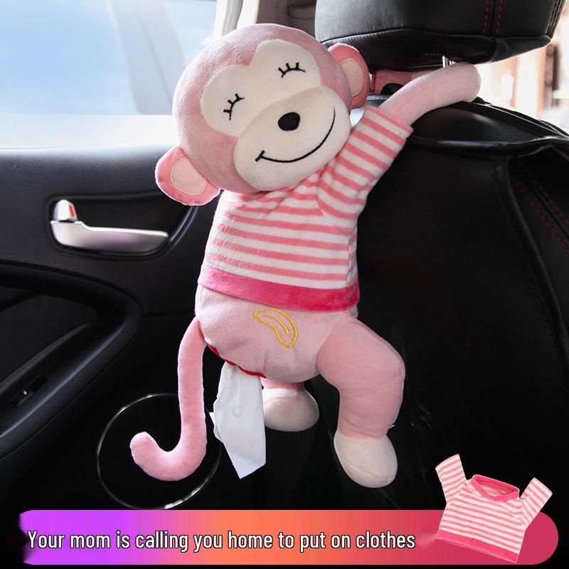Cartoon Plush Monkey Tissue Box - Cute Car Hanging Pull-Out Cover
