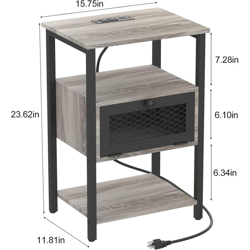Bedside table 2-piece set with charging station suitable for bedroom, living room, side table with storage drawer