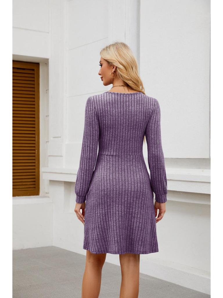 2025 Women's Square Neck Pocket Knit Sweater Dress - Long Sleeve Casual Fashion