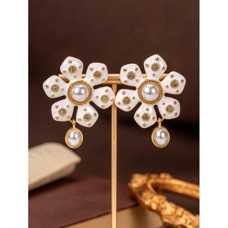 Vintage Enamel Inlaid Pearl Earrings With Versatile Temperament High-end Feel Tassels