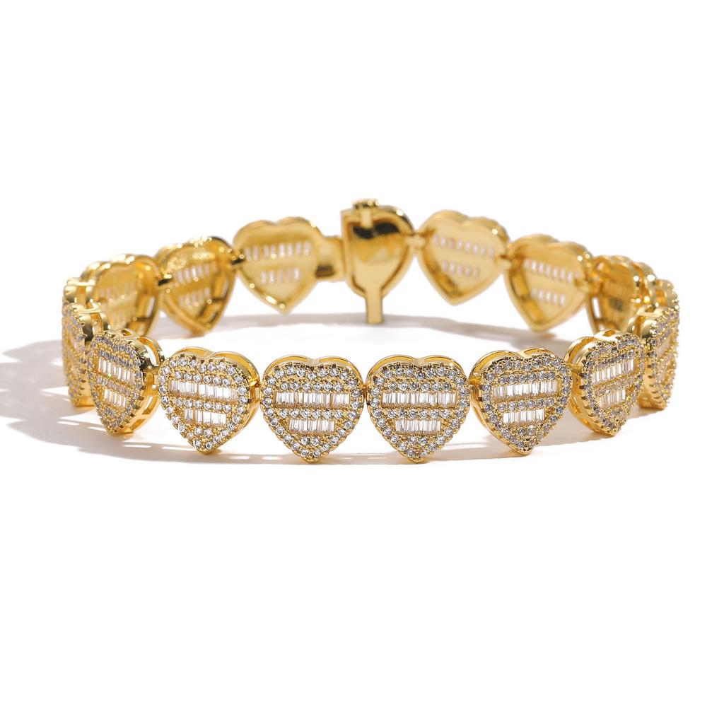12mm Iced Out Round and Baguette CZ Heart Bracelet Hip Hop Couple Jewelry for Women Men Valentine's Day Gift