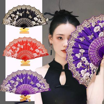 New Chinese Luxury Gliding Folding Fan Wedding Bridal Fan Dance Performance Props Retro Floral Glitter Butterfly Fans Crafts