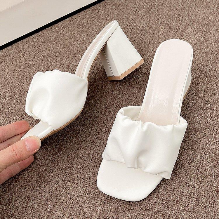 

2024 лето новая мода женские туфли на высоком каблуке универсальная верхняя одежда элегантный атлас нескользящий толстый каблук с сандалиями 42 бежевый