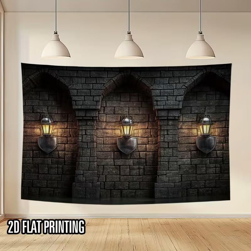 Halloween Castle Backdrop - Medieval Stone Wall Lanterns Photography Prop