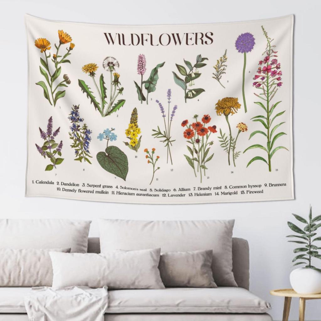 Wildflowers Vertical Wall Hanging, Illustrative Reference Chart Tapestry With Word, Beige White Vintage Tarot Flag Straight