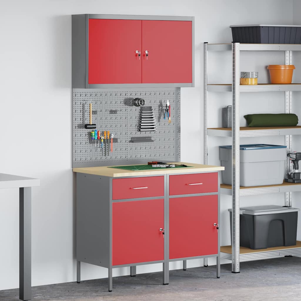 Workbench with Drawers 5 pcs Red Engineered Wood and Steel