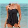 Womens Black Polyester Mesh Spliced Strapless Bikini For Swimming Water Sports