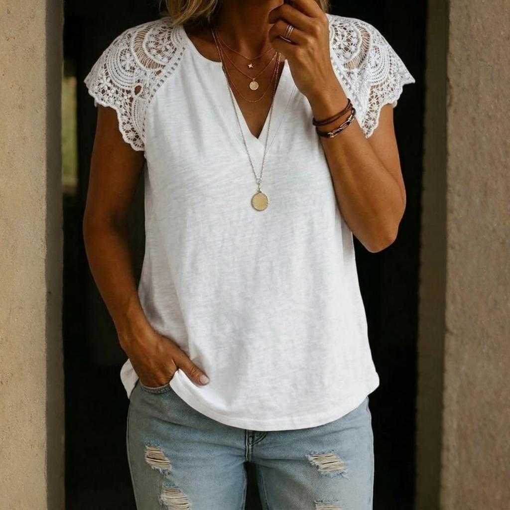 Women's Loose-Fit, Stylish, And Casual Short-Sleeve Top With Lace-Paneled V-Neck