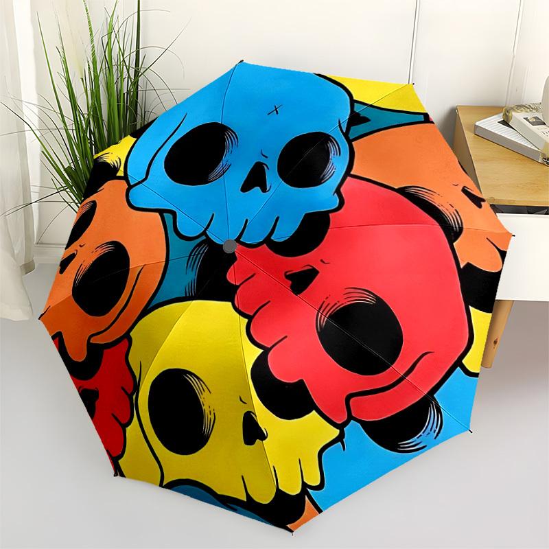1pc Skull Print Automatic Open, Sturdy Iron Frame, Compact Folding Design, All-Season Portable Umbrella for Women & Men, Outdoor Umbrella Yy
