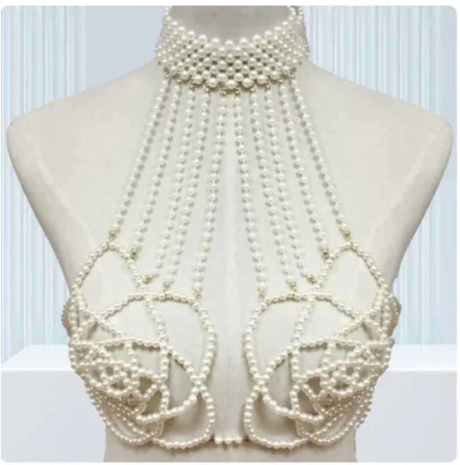 Sexy Accessoires Damen Bikini Perlen Brustkette Körperkette Schmuck Komplett Handgefertigt BH Mit Fransen Für Strand Nachtclub Taillenkette