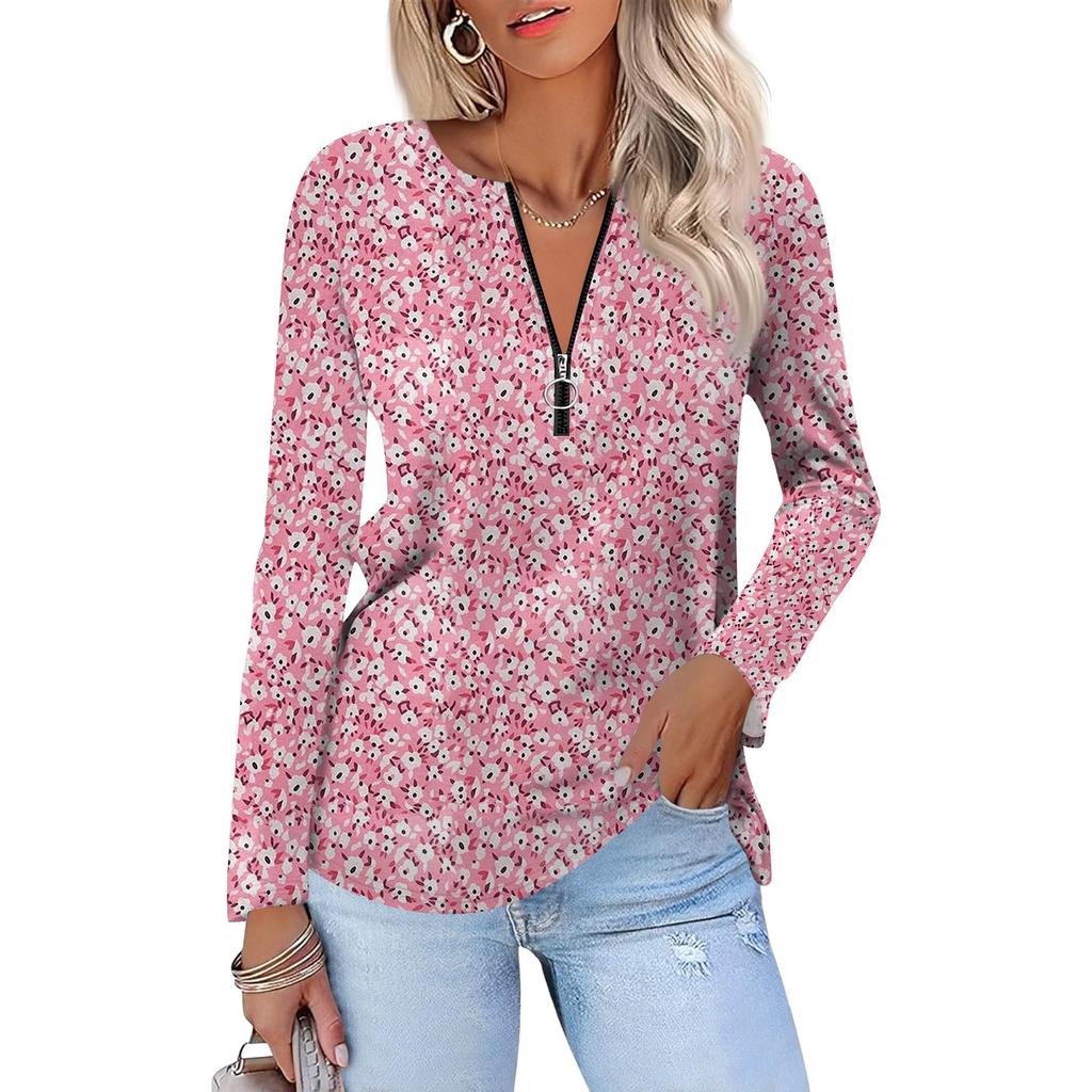 Damenmode Lässig Bedruckt Reißverschluss V-Ausschnitt Langarm Shirt Tops