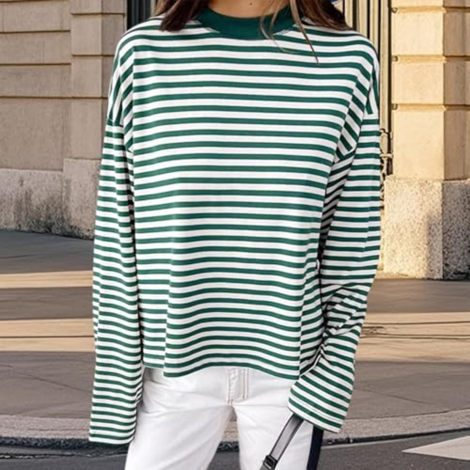 

Женская модная повседневная полосатая футболка L зелёный