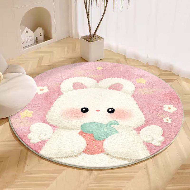 Cute Cartoon Pink Carpet for Girls: Cool-Proof Round Faux Cashmere Bedside Rug.