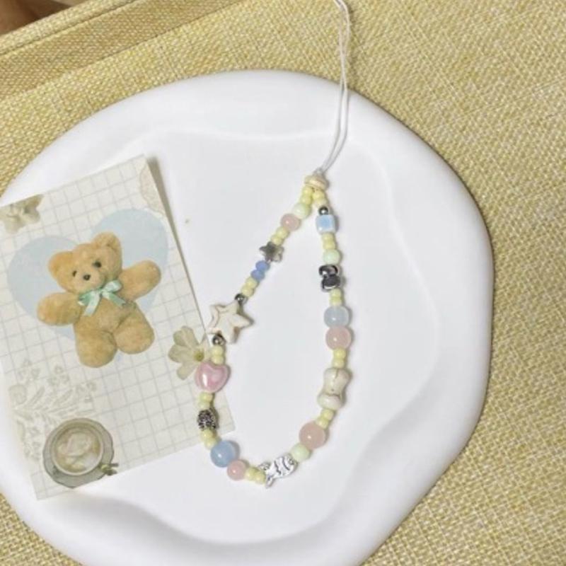 Sweet Pink Star Beaded Phone Charm Strap Pendant Korean Bracelet For Iphone Accessories Hanging Rope Girl Jewelry Cord