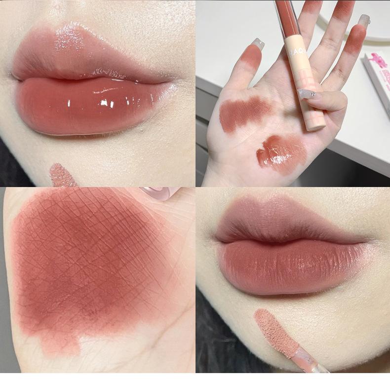 SHAQINUO ორმაგი დაბოლოების პომადა, მქრქალი ტუჩის მინანქარი სარკისებური ტუჩის სიპრიალის გრძელვადიანი ფერის წყალგაუმტარი 2 ფერის პომადა