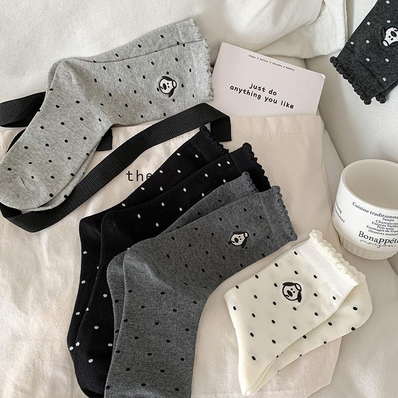 2024 Gray Women's Mid-Calf Cotton Socks - Polka Dot, Airplane, Dog Cartoon Design, Breathable & Sweat-Absorbent