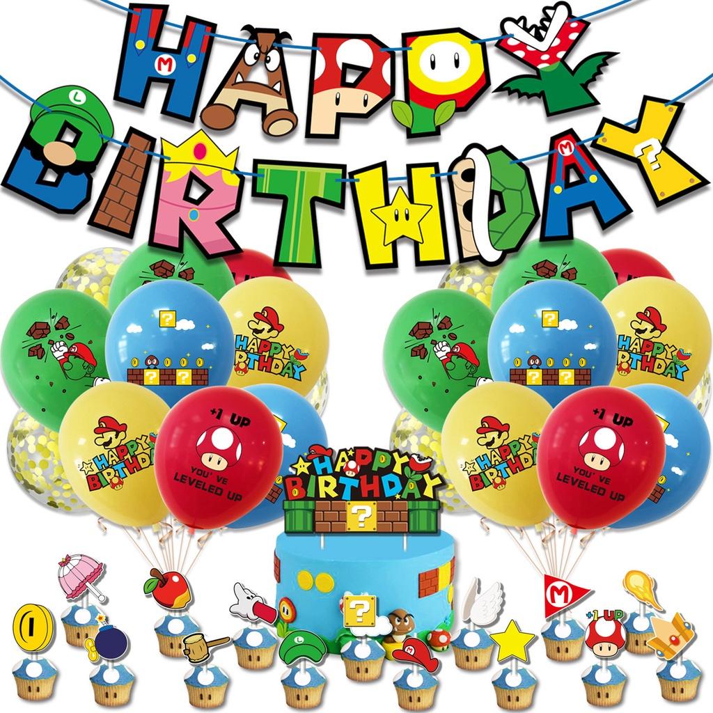 Set di decorazioni per la festa di compleanno di Super Mario: bandierine e decorazioni per la torta a tema cartone animato.