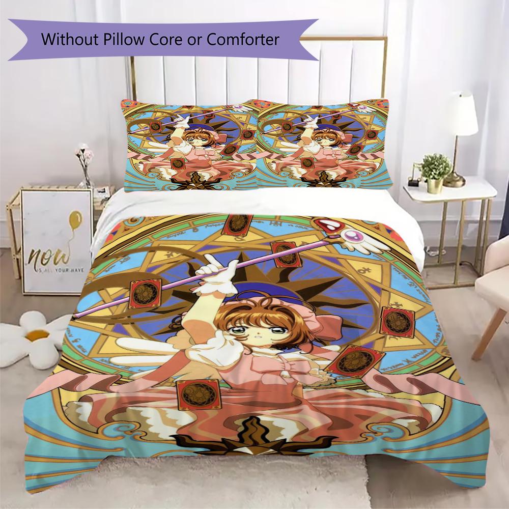 Cardcaptor Sakura Pattern Bedding uilt Set uilt Cover Pillowcase Home Decoration Birthday Gift (1 * duvet cover + 2 * pillowcase without core)
