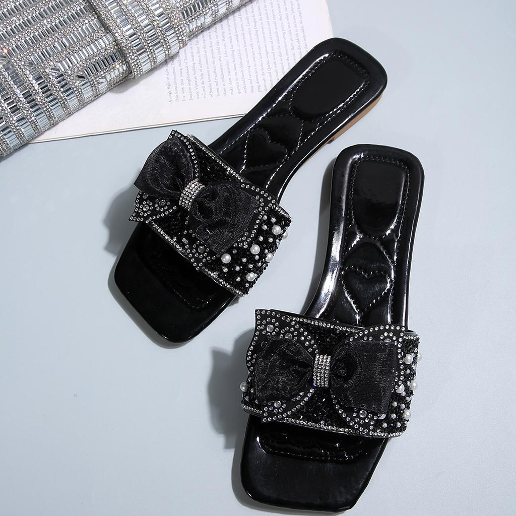 Summer Fairy Style Pearl Bow Versatile Flat Flip-flops for Women In Flip-flops